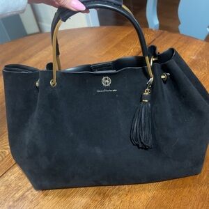 Gorgeous House of Harlow 1960 Black Suede Leather Bag with Gold Handles